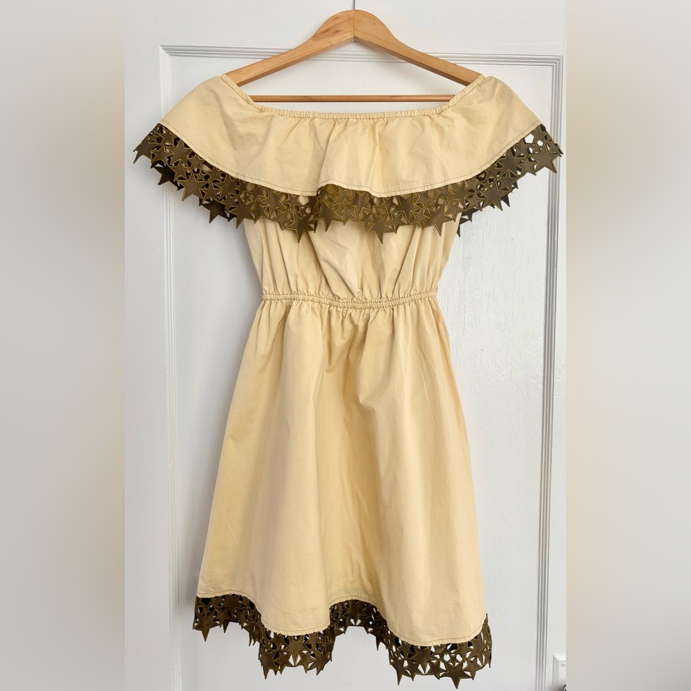 Stellar Pale Yellow Off-Shoulder Dress with Brown Star Trim